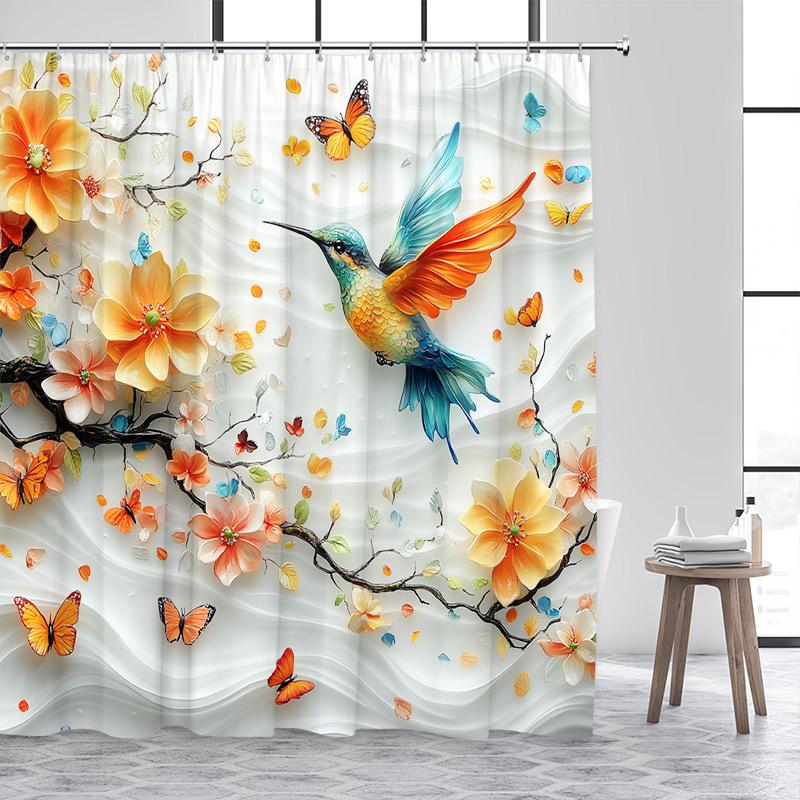 Hummingbird Shower Curtain Watercolour Floral Purple Lavender Butterfly Plant Polyester Fabric Bathroom Curtain Decor With Hooks