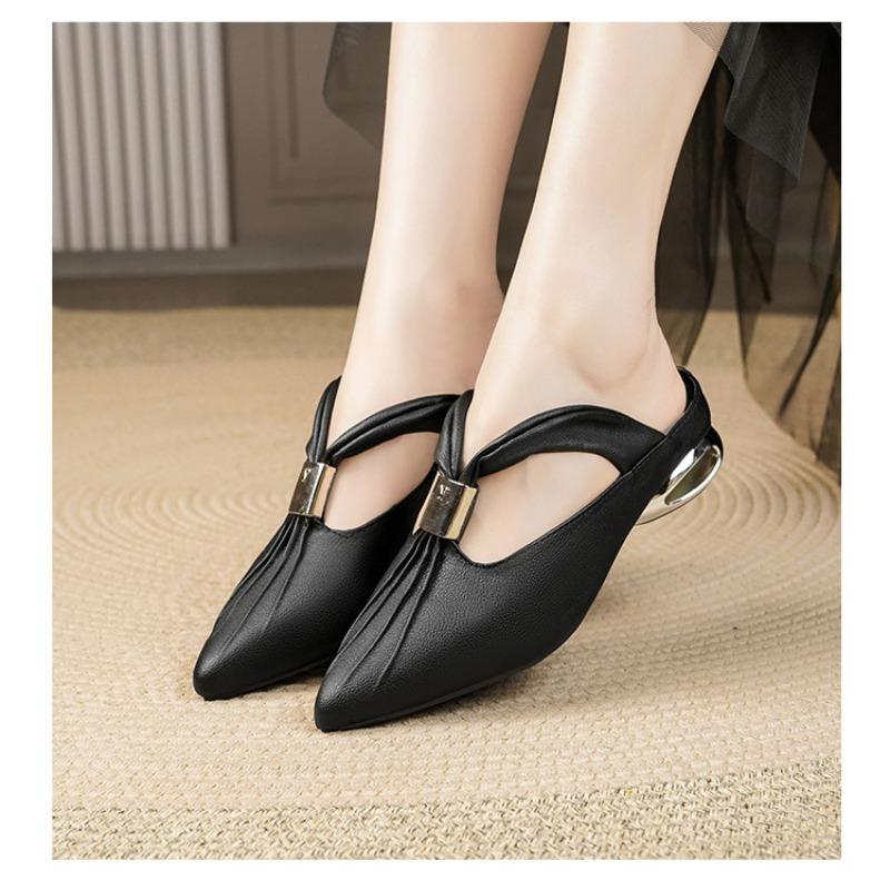 Anti-slip Shoes, Casual Chunky Heel Pointed Toe Half Slippers, Wrap-around Slippers