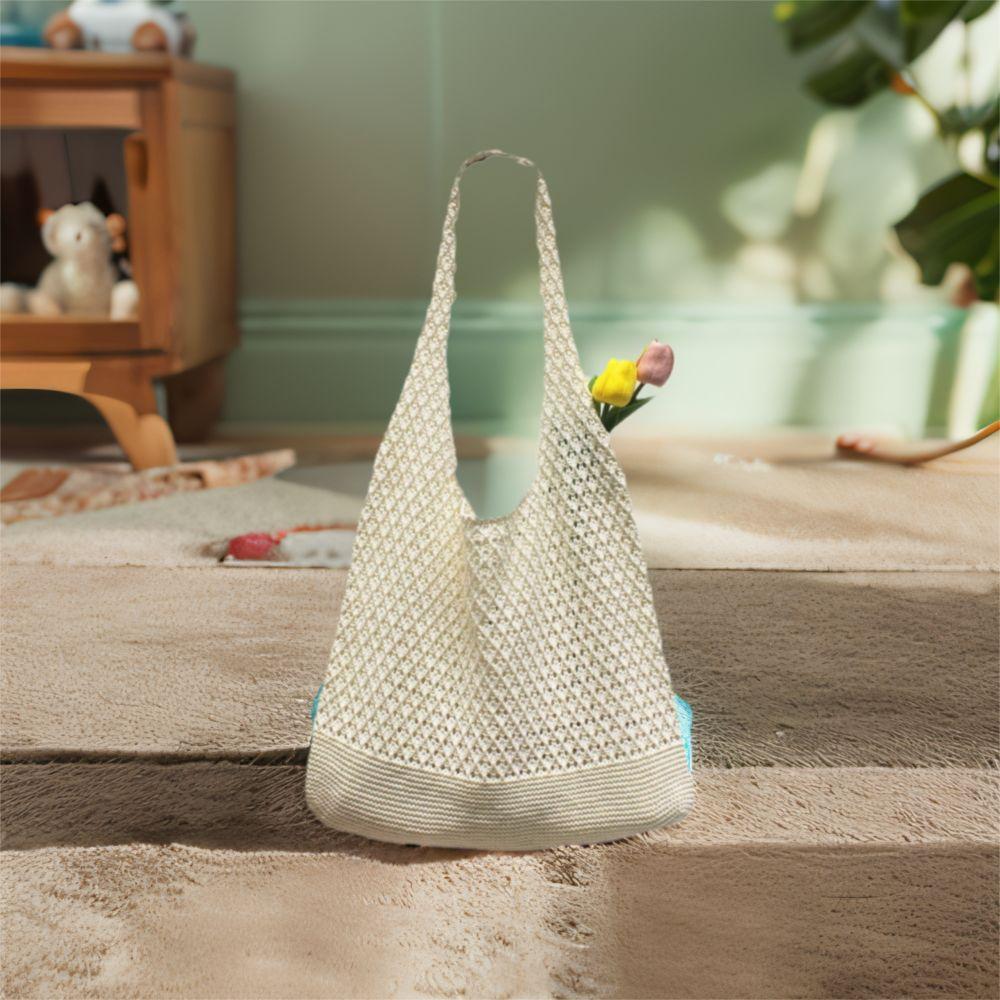 Top-handle Knitted Tote Bag Solid Color Women Crochet Handbags Big Purses Summer Beach Bag  Travel