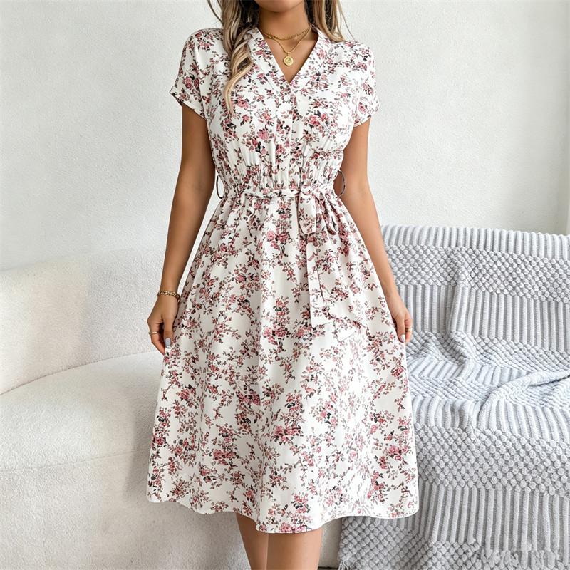 V-Neck Print Dress Women Belt Knee-Length S-6XL