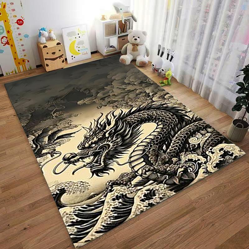 Oriental Dragon Printed Carpet with Ocean Wave Pattern for Home Decor Suitable for use as an anti-slip for living room bedroom sofas