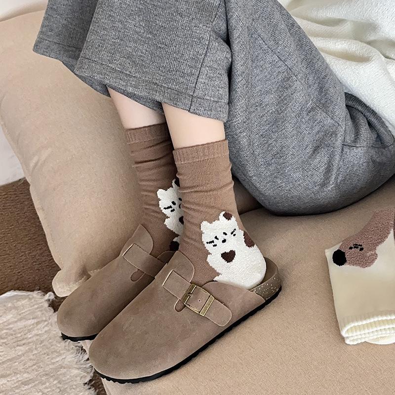 Women’s Pure Cotton Cartoon Animal Mid-Calf Socks – Autumn/Winter, Sweat-Absorbent, Japanese Style Little Bear Design