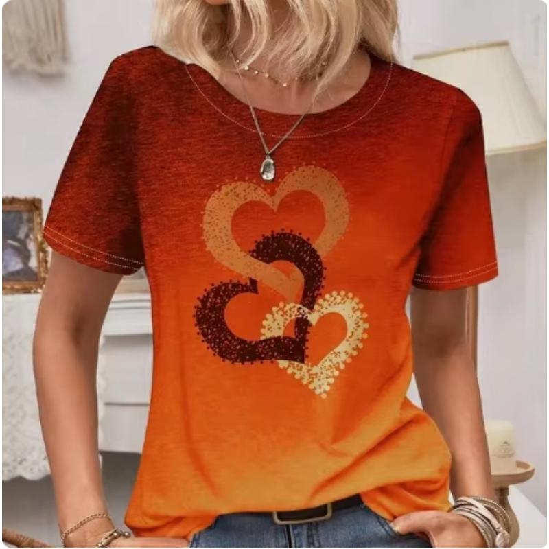 Tricou de damă cu mânecă scurtă și gât rotund, cu model de inimă, top casual pentru femei, modă Y2K, navetă, cămașă cu mânecă scurtă