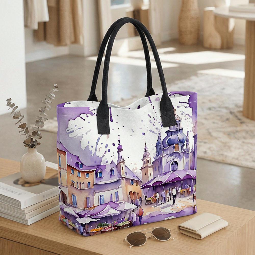  Purple Watercolor City Tote Bag Large Capacity Aesthetic Shoulder Bag for Daily Use