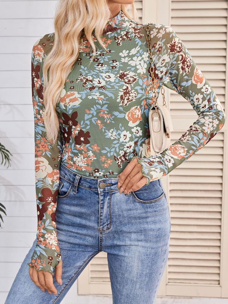 Turtleneck Long Sleeve Lace Floral Mesh Undershirt Top Women's
