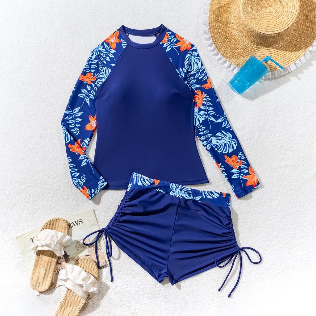 Dámské zeštíhlující tankini plavky s dlouhým rukávem a patchworkovým potiskem