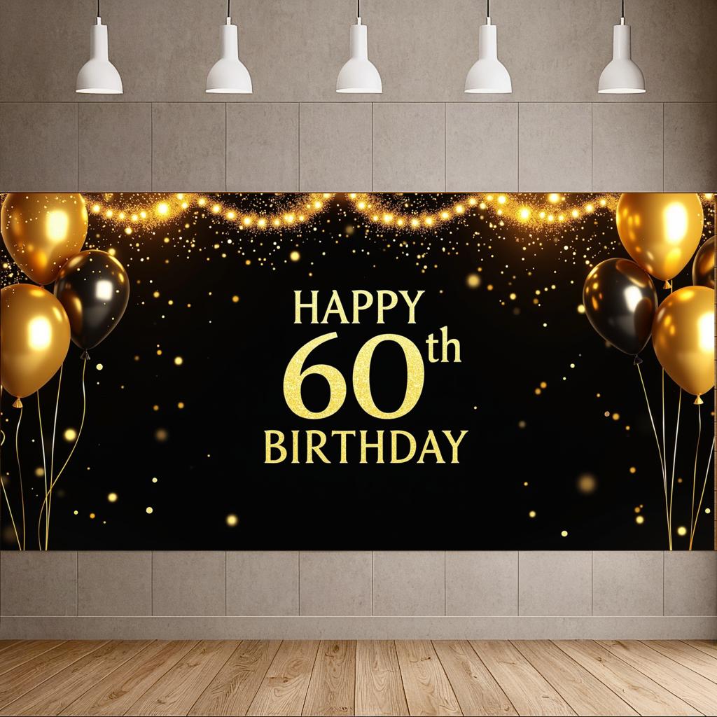 Sparkling Glittery 60th Happy Birthday Banner Black Gold Balloon Birthday Party Decoration Backdrop Photography Background Props