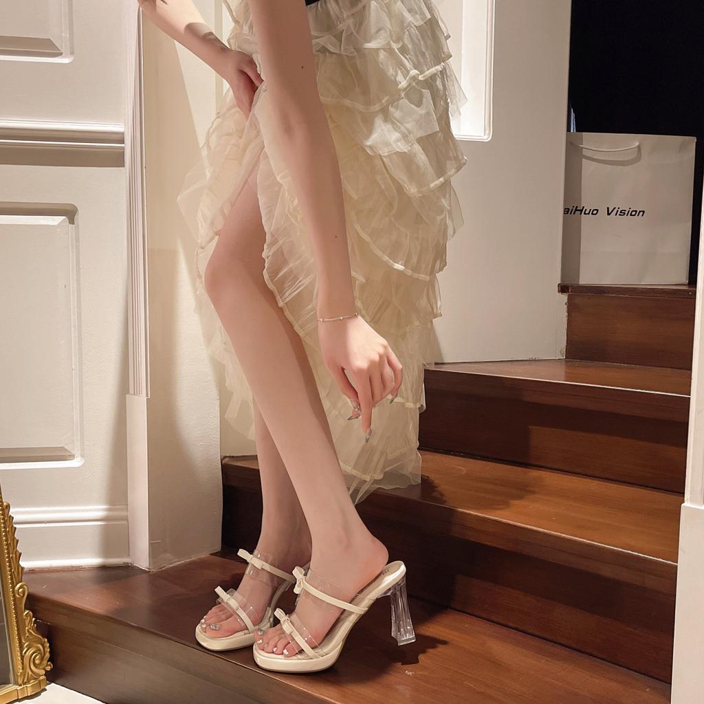 Summer Crystal Transparent and Breathable Two Wear Cool Slippers Women Wear Fashion Temperament Women's Medium Heel High Heels
