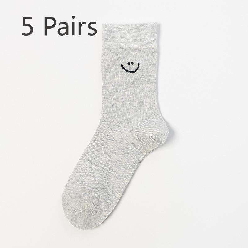 5 Pairs Grey Socks Autumn and Winter Women s Cotton Socks Mid-calf Socks Embroidered Smiley Socks Anti-pilling Men and Women Socks 5 pairs светло-серый