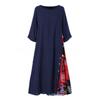 LYRIA Baumwolle Leinen Vintage Lange Kleider Damen Dreiviertelärmel Splicing Druck Lockeres A-Linien-Kleid Mode Lässig Damen Maxi Vestido