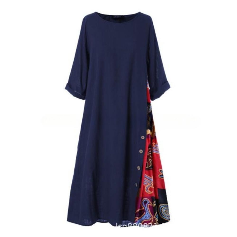 LYRIA Baumwolle Leinen Vintage Lange Kleider Damen Dreiviertelärmel Splicing Druck Lockeres A-Linien-Kleid Mode Lässig Damen Maxi Vestido