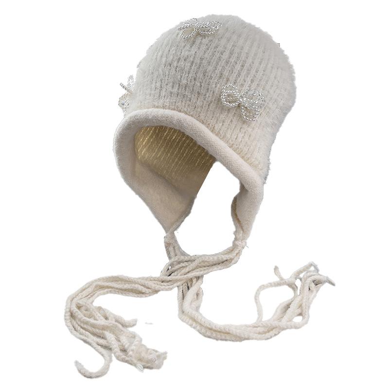 Source Spot Pearl Bow Acrylic Knitted Ear Cap Women's Autumn and Winter Daily Versatile Warm Wool Cap