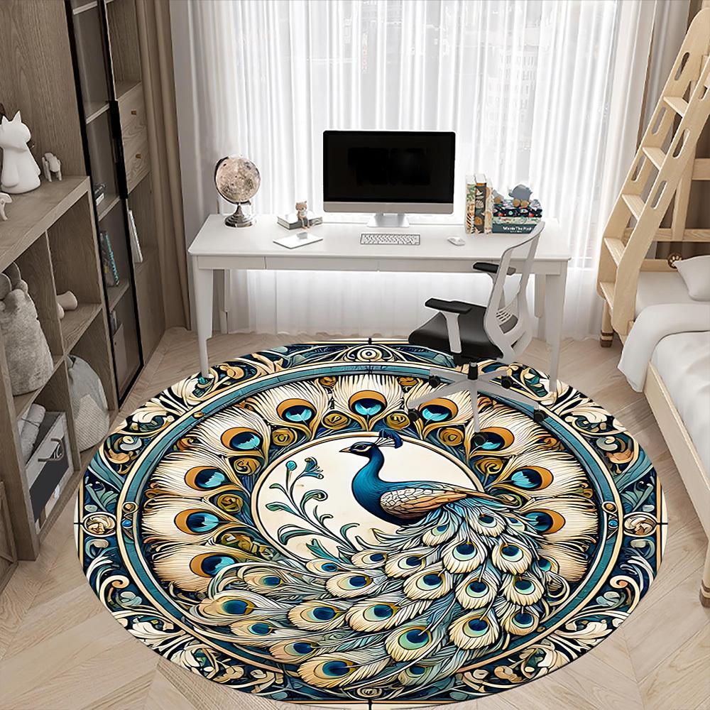 1pc Peacock Mandala Office Round Area Rug,  Mat Suitable For Office, Under Office Chairs Bedroom Living Room Home Decor, Room Deco