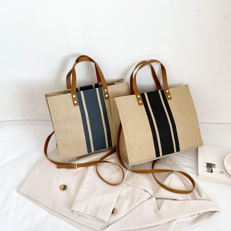 

Сумка Большая Холщовая Простая Мода Новые Роскошные Сумки Винтажное Качество Полосатая Большая Сумка Льняной Женский Портативный Ол Деловой Портфель