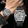 TEVISE Watches for Man Square Retro Mechanical Watch Self-Wind Carved Skeleton Automatic Watches Vintage Leather Strap Wristwatch