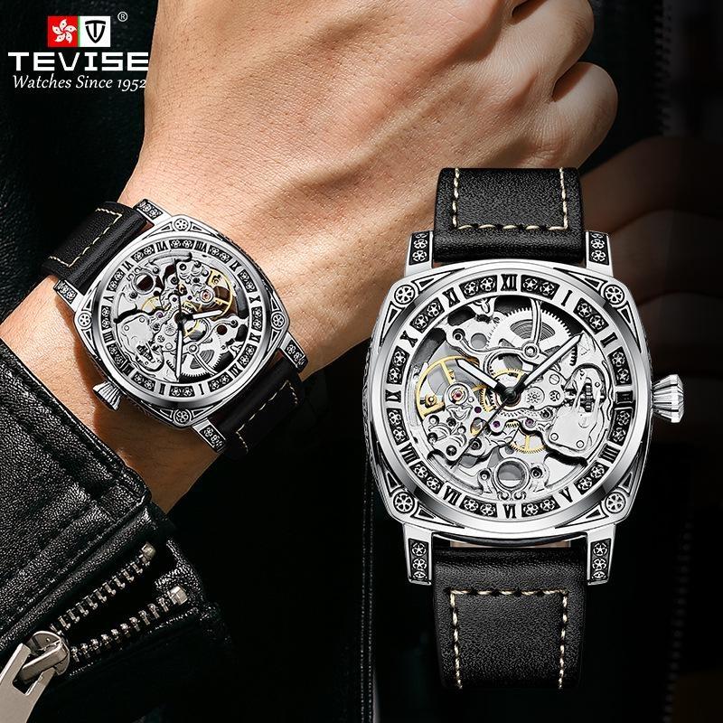 TEVISE Watches for Man Square Retro Mechanical Watch Self-Wind Carved Skeleton Automatic Watches Vintage Leather Strap Wristwatch