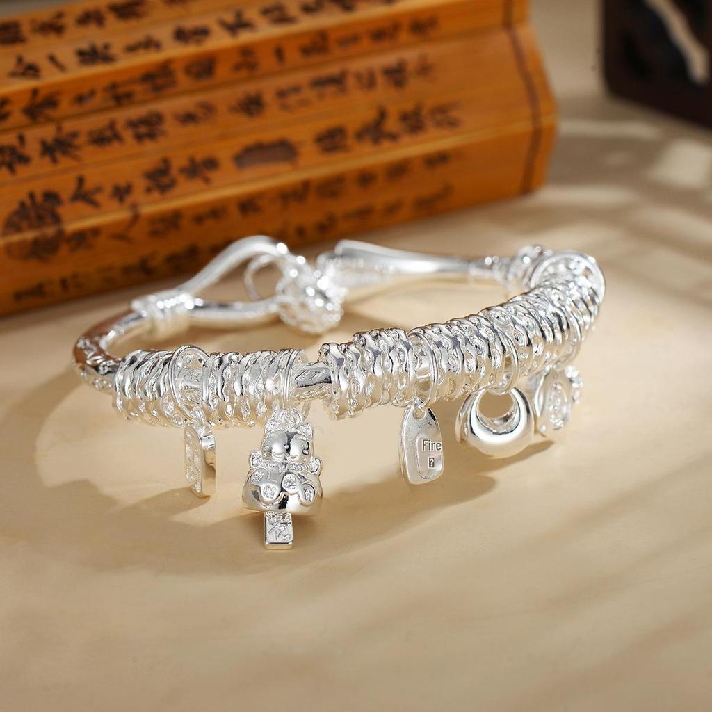 Exclusively designed lucky charm wrap-around bracelet with gourd bell, lucky cat bangle in thick silver-plated copper, perfect for live streaming.