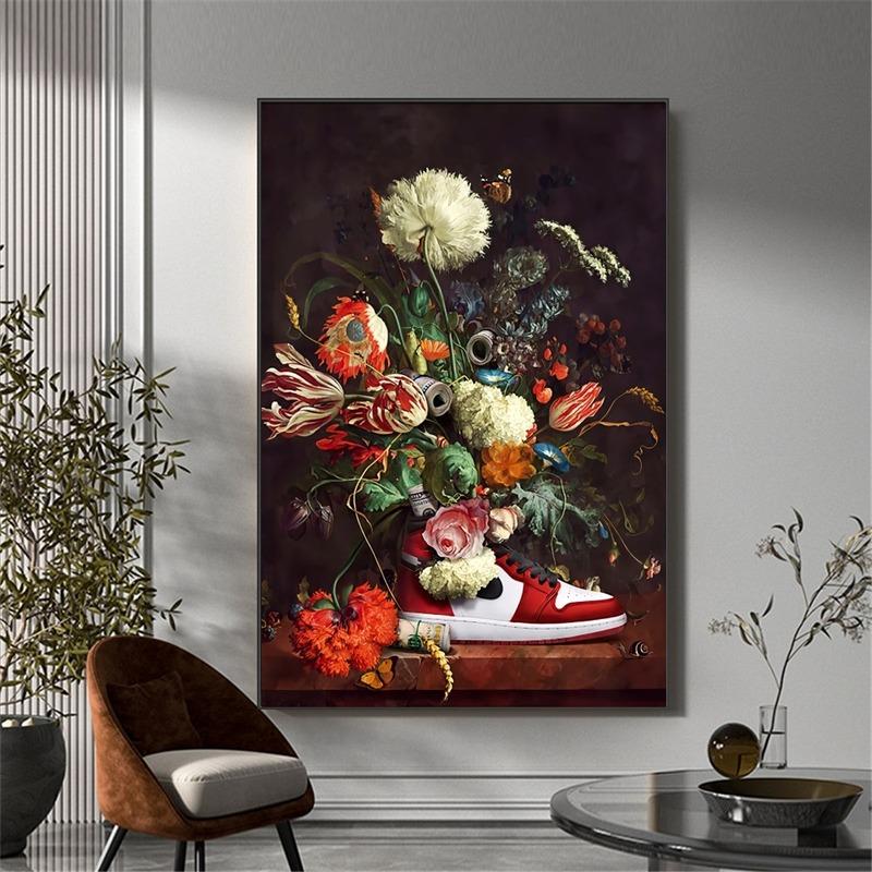 Still Life Flowers In European Vintage Canvas Painted Sports Shoes Nordic Art Posters and Prints Family Room Cuadros