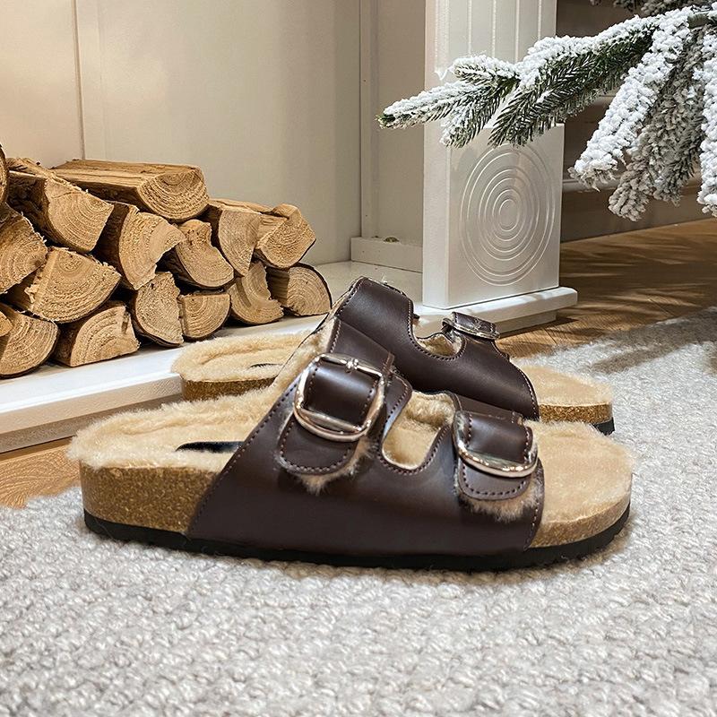 Su Yinjia has the same cotton mop with strong autumn meaning~ retro double-buckle velvet cotton slippers thick-bottomed Boken fluffy slippers