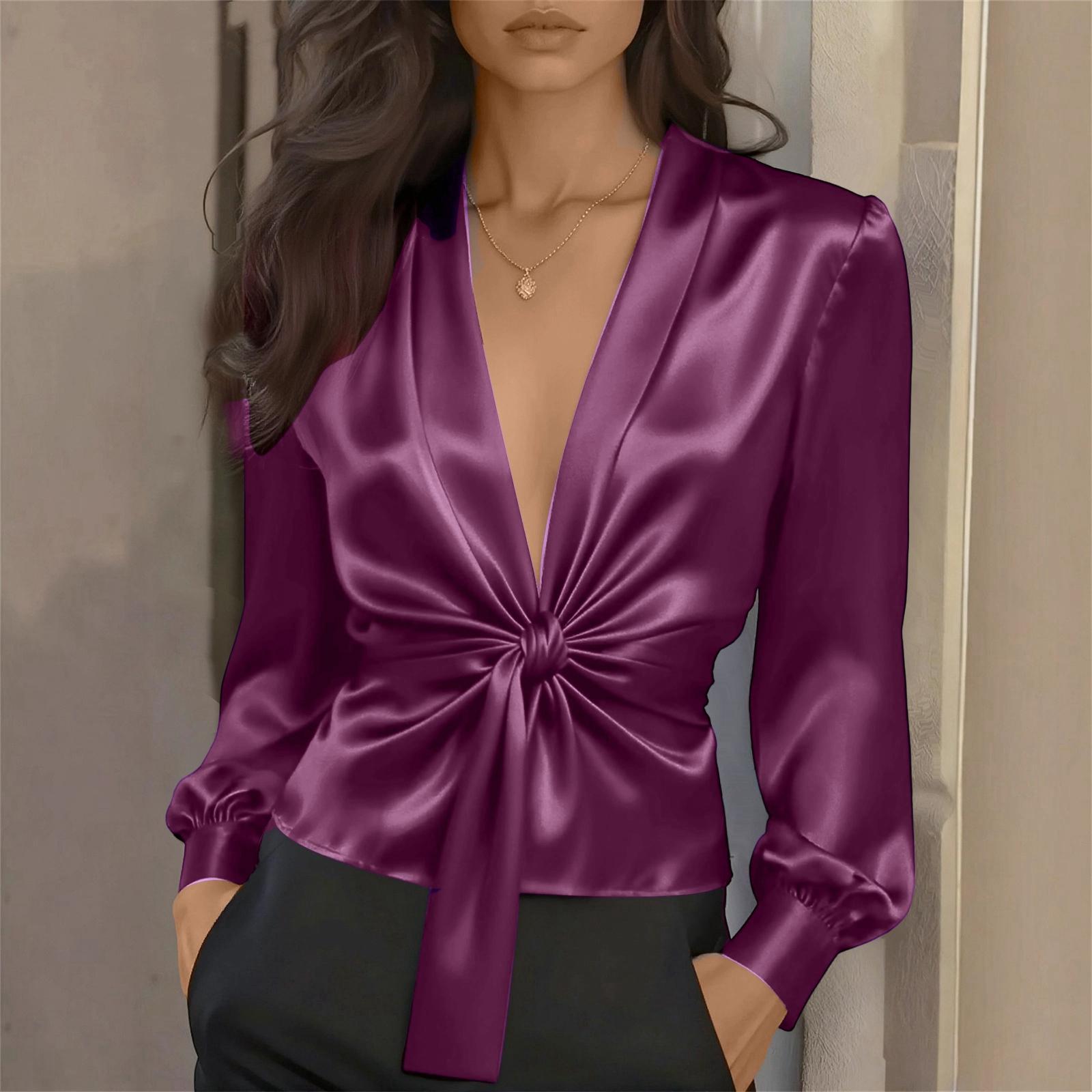 

Women s Deep V-neck Elegant Satin Shirt Long Sleeves XXL фіолетовий