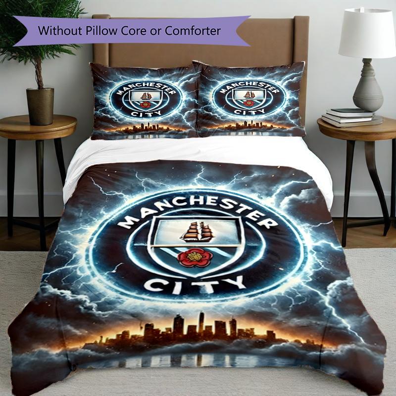 3pcs Duvet Cover Set (1*Duvet Cover + 2*Pillowcase, Without Core),Football Team City FC Print Bedding Set, Bedroom Decor, All‑Season, Birthday Gift