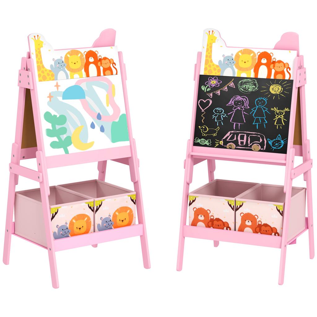 2 in 1 Kids Easel with Whiteboard, Chalkboard, Storage Boxes, for Ages 3-8 Years, Pink