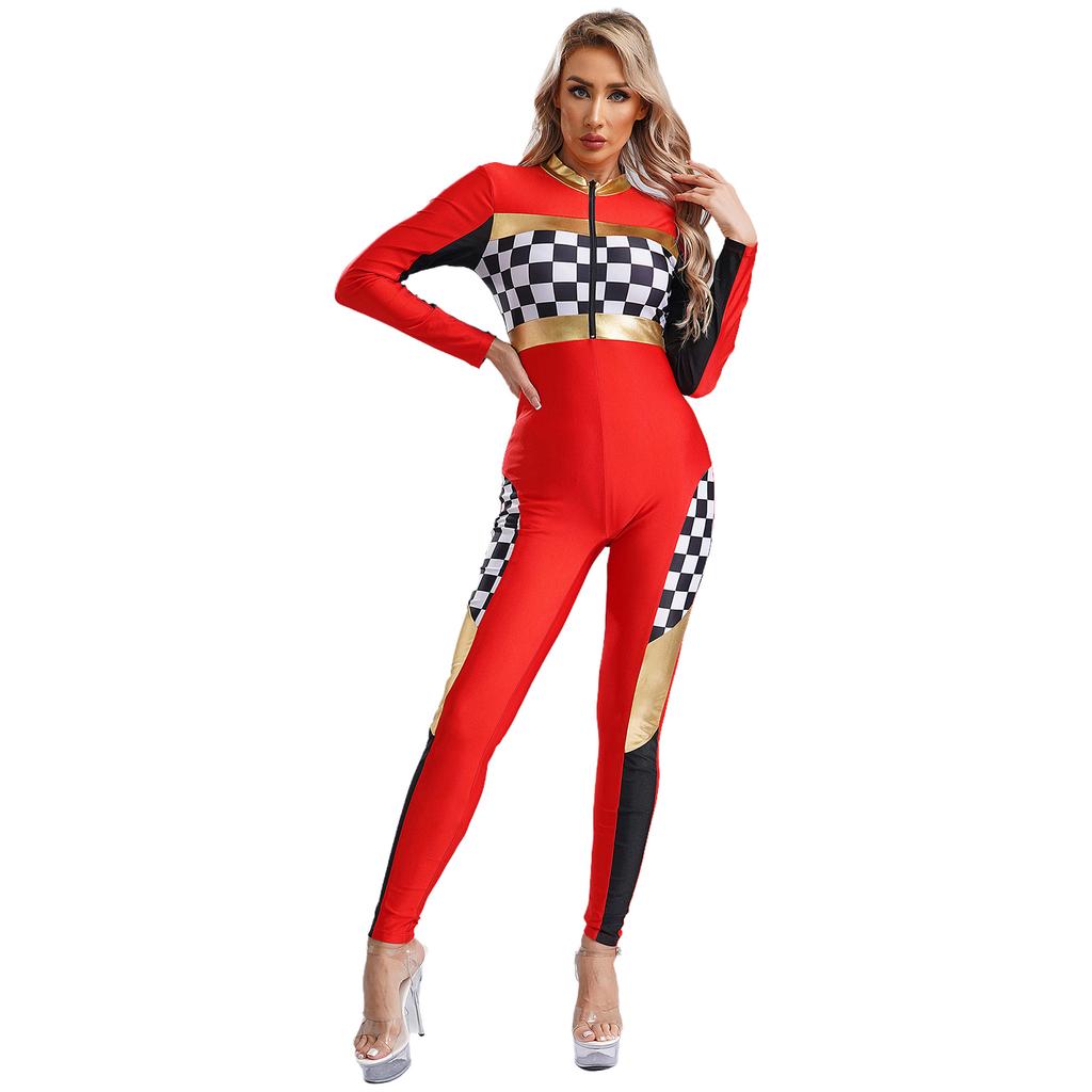 Womens Checkerboard Racing Jumpsuit Long Sleeve Plaid Romper Racer Driver Cosplay Costume