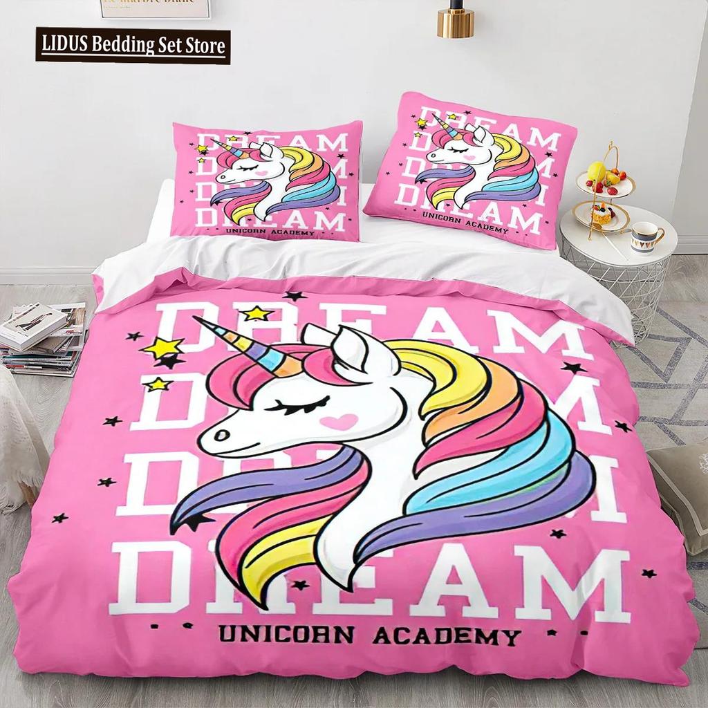 Cartoon Unicorn Duvet Cover King Queen Lovely White Mythical Animal Bedding Set Kids Girl Colorful Rainbow Polyester Quilt Cover