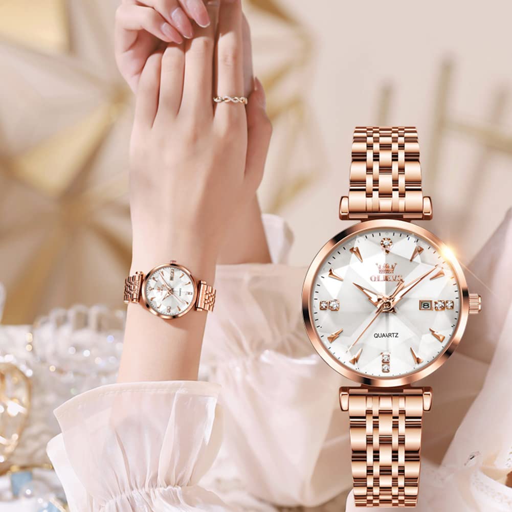 OLEVS Women's Quartz Watch, Cute Simple Dial, Easy-to-Read Date Display, Luminous, Waterproof, Valentine's Day Gift, White