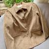 In-Stock Suede Lapel Jacket - Korean Style, Mid-Length, Khaki, Autumn Retro, Loose Fit