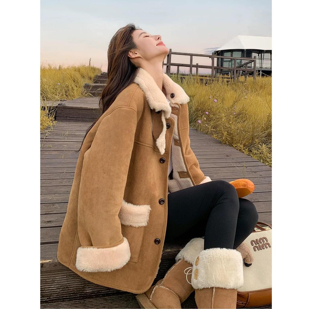 Korean Style Double-Sided Suede Jacket - Women's Winter 2026 Thick Lambswool and Leather Top