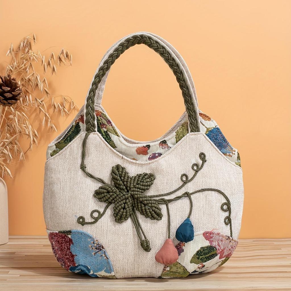 Ethnic Style Floral Embroidered Canvas Tote Bag with Lightweight Woven Strap and Zipper Closure