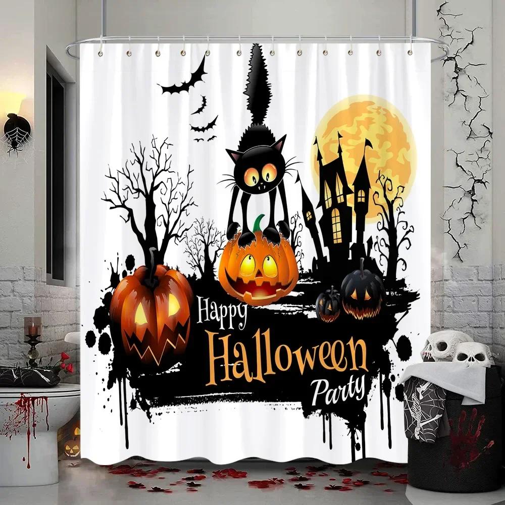Läskig Halloween-duschdraperi, Vattentätt tyg med Spökhus, Döskallar, Skelett & Spöken för Festlig Badrumsinredning