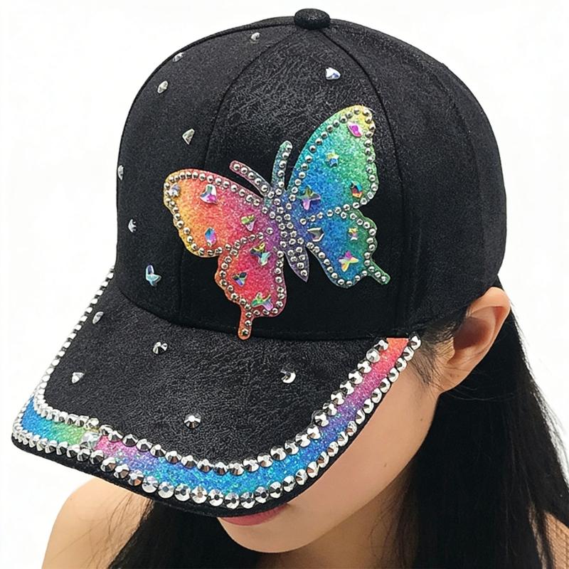 Modern Rivet Studded Baseball Cap With Rhinestones Butterfly Detail Adjustable Long Brims Sun Hat For Women Daily Outfit