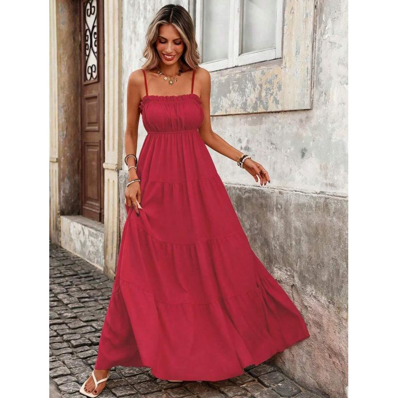 Europe, America 2026 Summer New Vacation Ruffle Edge Slim and Thin Long Suspender Dress Women