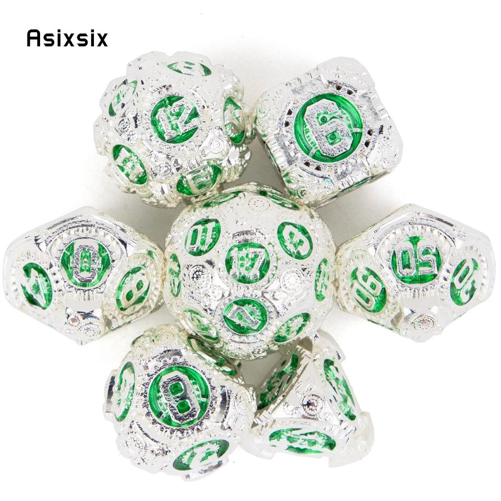7 Pcs White Green Gear Wheel Metal Dice Solid Metal Polyhedral Dice Set Suitable for Role-Playing RPG Board Game Card Game