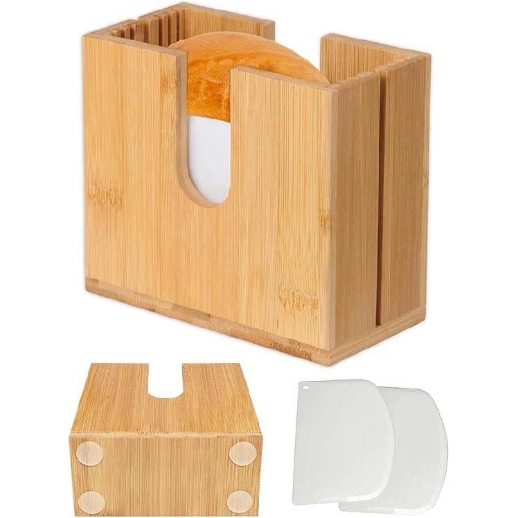 Large Acacia Adjustable Bagel Slicer Holder, Bagel Cutter for Small and Large Bagels, Bread Slicer for Buns, English Muffins Natural Bamboo Grain