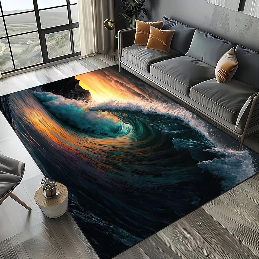 Style New Blue Green Seawater Sea Wave Ocean Carpet Rug for Living Room Bedroom Home Sofa Decoration, Floor Mat