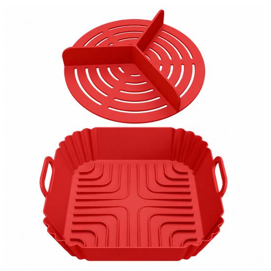 Reusable Air Fryer Basket 2PCS Silicone Baking Pan with Handles, Square And Rectangular Nonstick Grilling Tray Oven Set, Liner for Roasting
