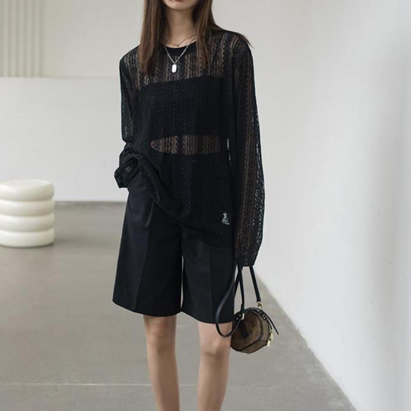 Lace Base Shirt Women's Summer Sun Protection Thin Cover Shirt Long Sleeved T-shirt with Hollowed Out Mesh Top Inside