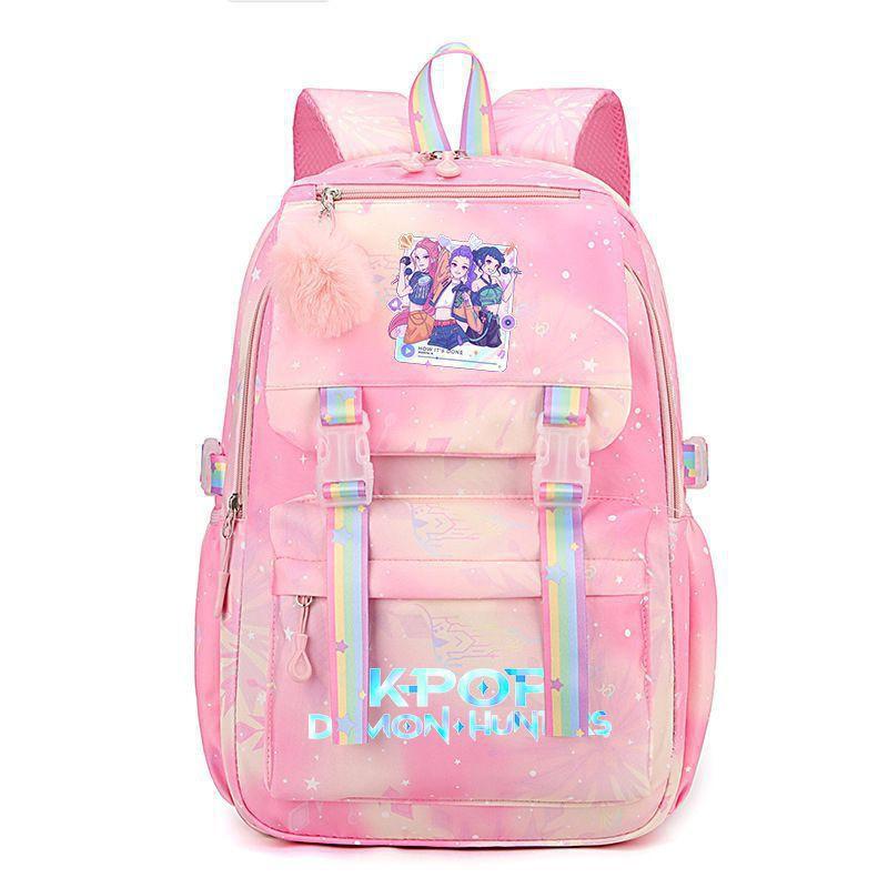 Korean Style School Backpack Teenagers Large Capacity Nylon Bookbag With Padded Straps Cartoon Print Unisex Student Bag