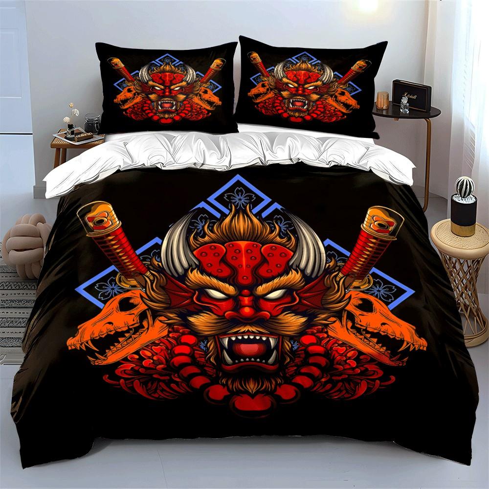 "Samurai Demon Skull Design Trio" Exquisite Three-Piece Bedding Set Gift For Kids And Adults