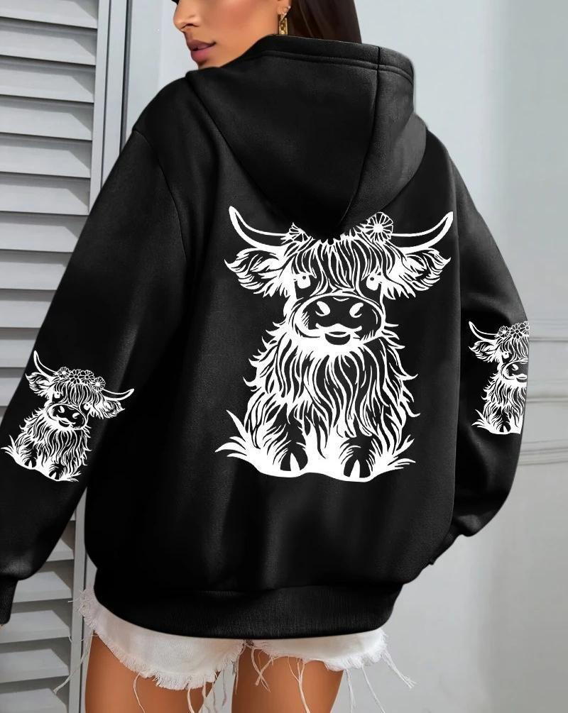 Damen, Kuh Cartoon Tier, Bedruckter Damen Hoodie Herbst Locker Lässig Tasche Fleece Pullover