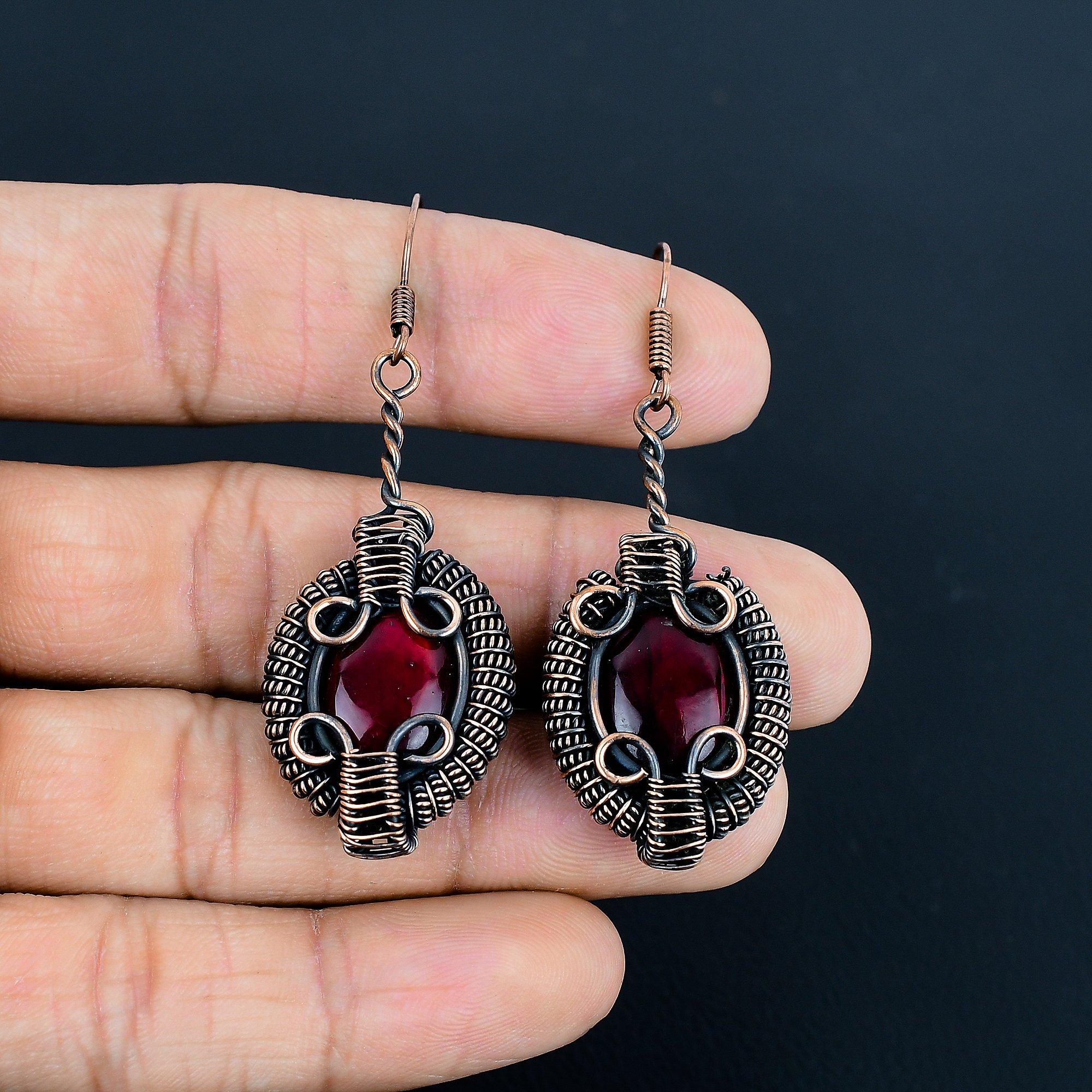 

Red Flash Labradorite 999 Copper Wire Wrapped Earrings, Handmade Gemstone Earrings Jewelry, Gifts For Wife Brand New Earrings 2.55 Inches красный