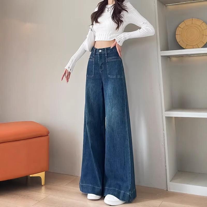 Women's High-Waisted Dark Blue Wide-Leg Jeans for Spring-Summer 2025