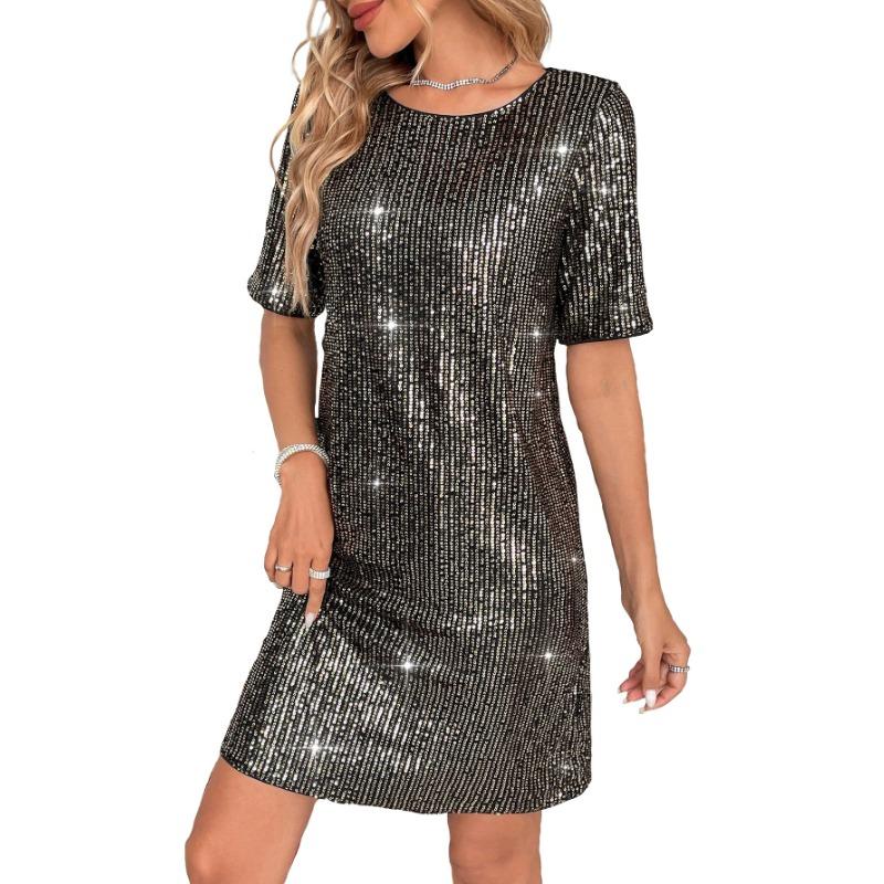 

Весна-лето Женское модное платье с короткими рукавами и пайетками Платье Платье M чёрный/серебряный