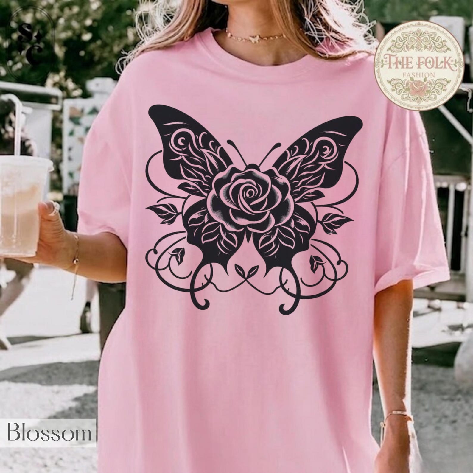 Pastel Goth Rose Butterfly Shirt, Vintage Monarch Butterfly Tee, Botanical Line Art Tee, Whimsigoth Flower T-shirt, Blossom Comfort Colors 3XL