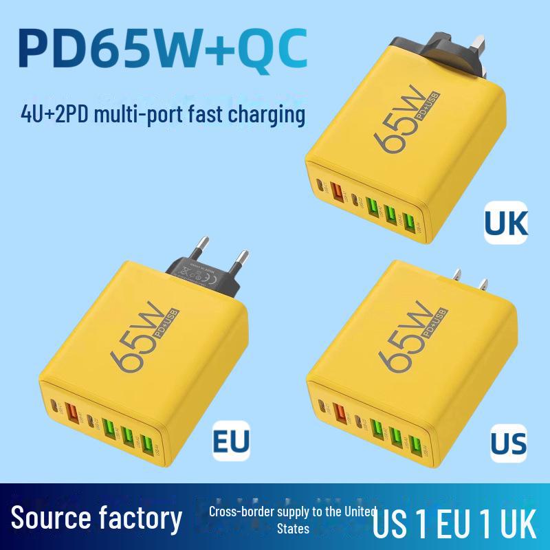 "Caricabatterie Rapido PD65W con 4 Porte USB e 2 Porte Type-C, Compatibile con Telefoni Apple e Huawei."