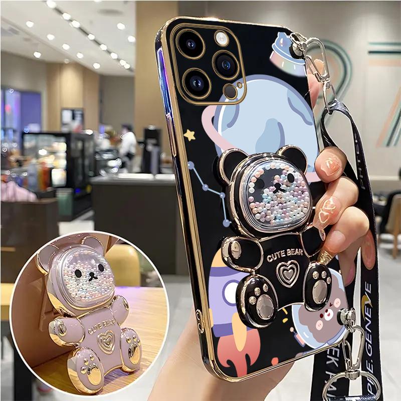 Space Bear Lanyard Holder Case For 14 15 11 12 13 Pro Max Mini 8 7 6 S Plus X Xr Xs Max Crossbody 15pro Strap Stand Cover