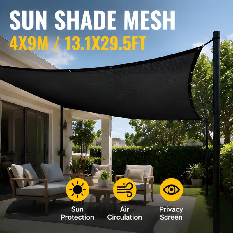 Carport Shade Cloth Cover for Balcony Shelter, Black Outdoor Screen with Stitched Border, Open-Weave Detail, Eyelets